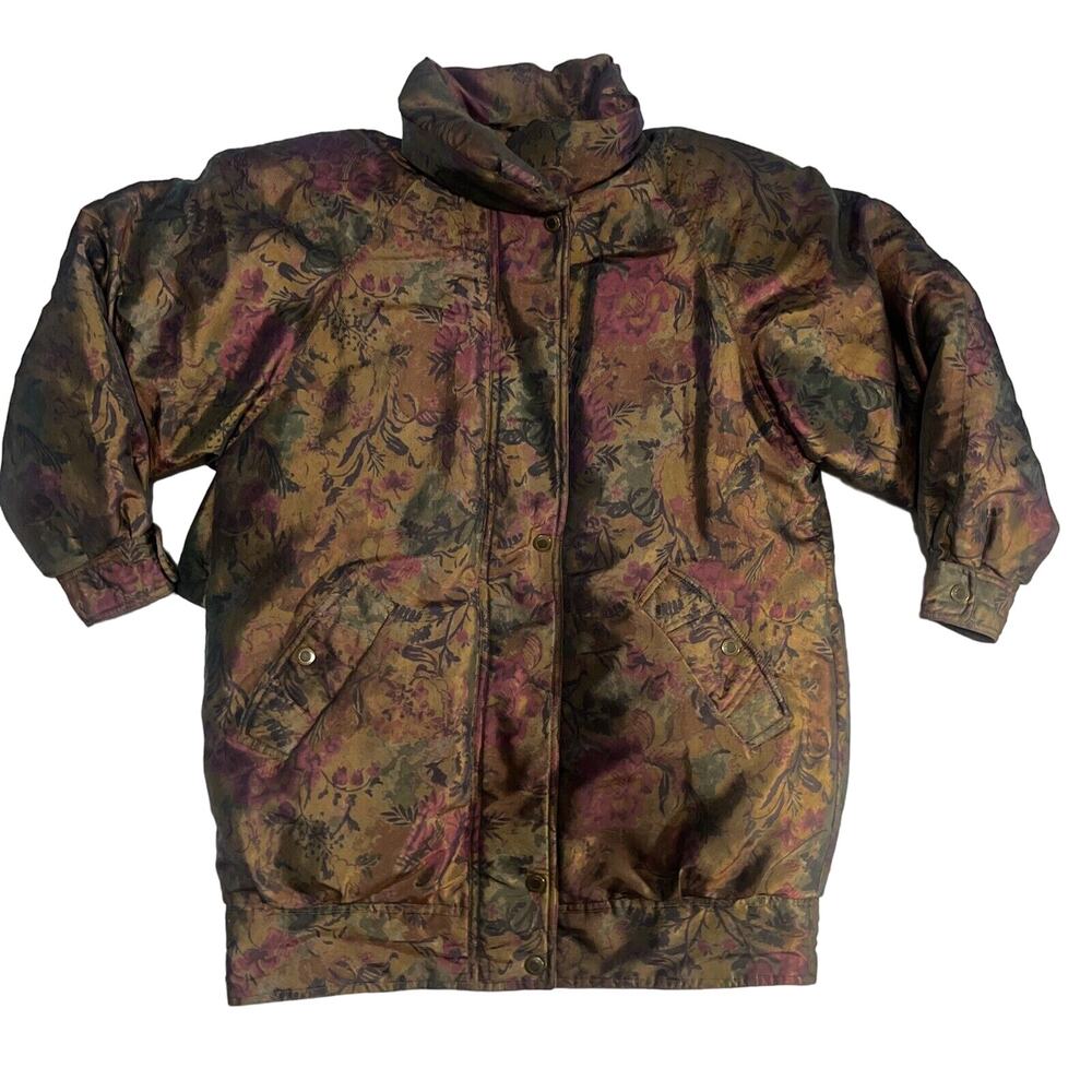 Vintage Metallic Floral Puffer Jacket M Medium 80s Cyclone Duck Down